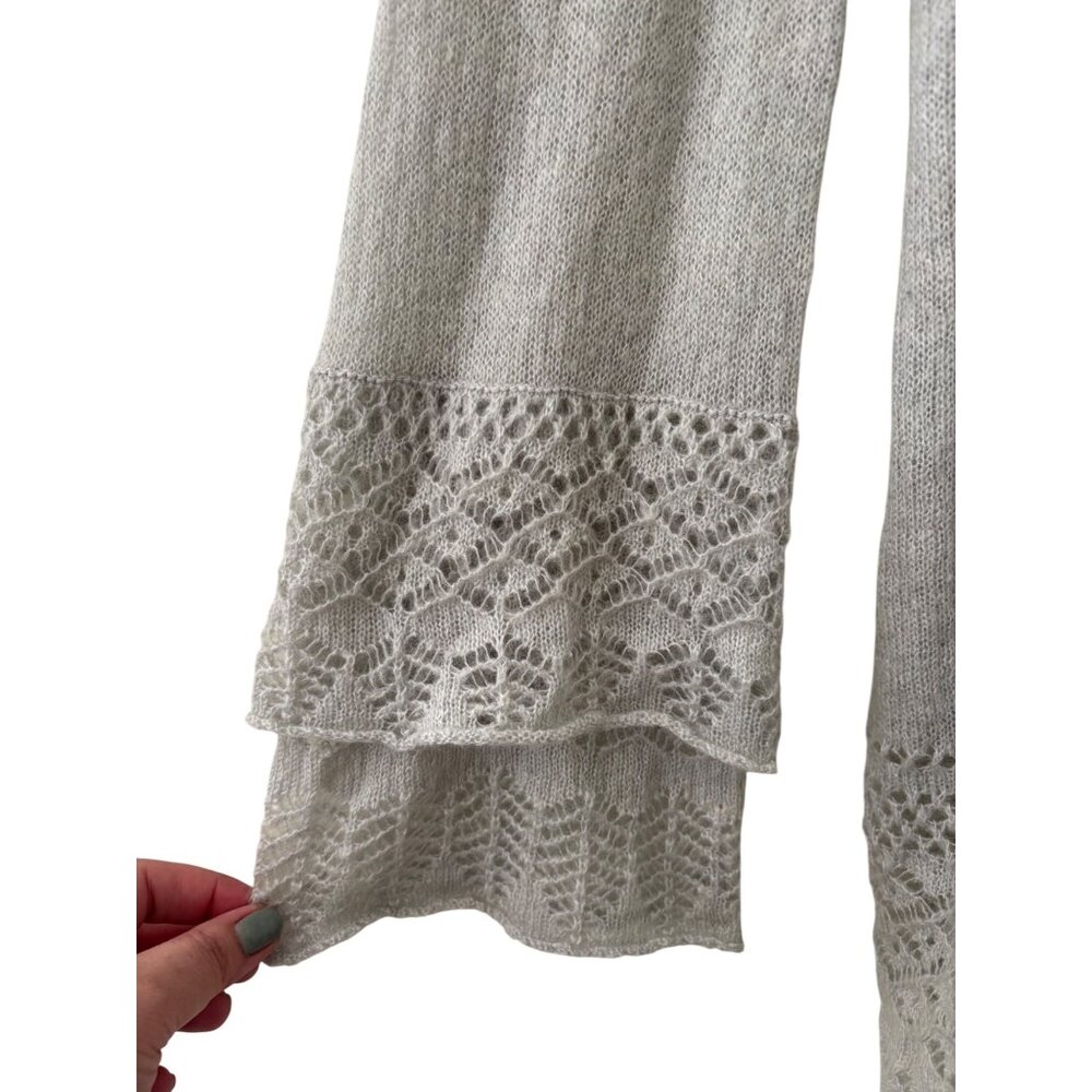 Loft Gray Open-Front Knit Cardigan Sweater L Lace Detail Long Sleeve - Picture 15 of 16